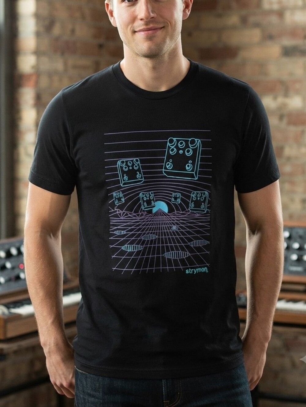 Hanes Perfect Tee Men's Black Short Sleeve Strymon Pedals in Space Tee Size Lg